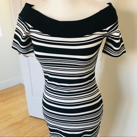 Michael Kors STRIPED OFF-THE-SHOULDER SHEATH DRESS - Picture 13 of 15